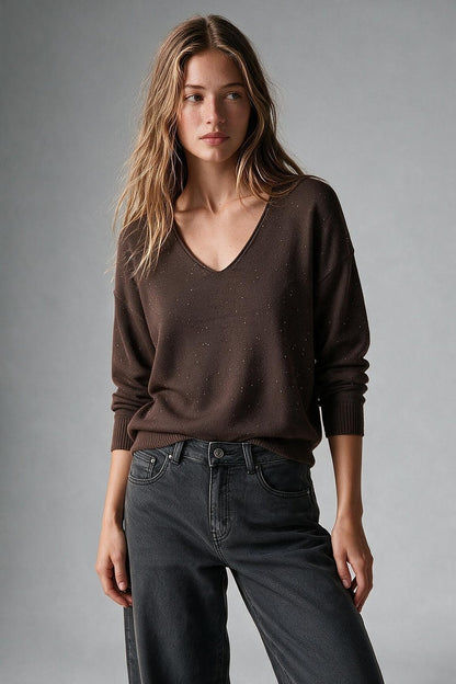 Brown Glitter Soft Knit V Neck Ribbed Trim Sweater with sequins embellished