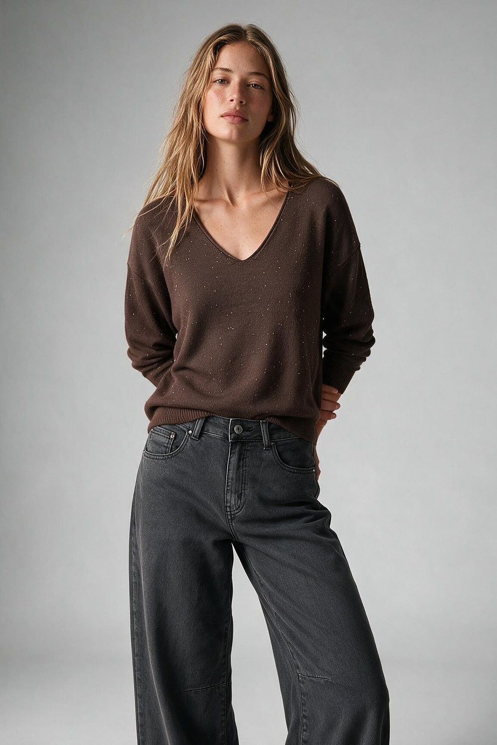 Brown Glitter Soft Knit V Neck Ribbed Trim Sweater with sequins embellished