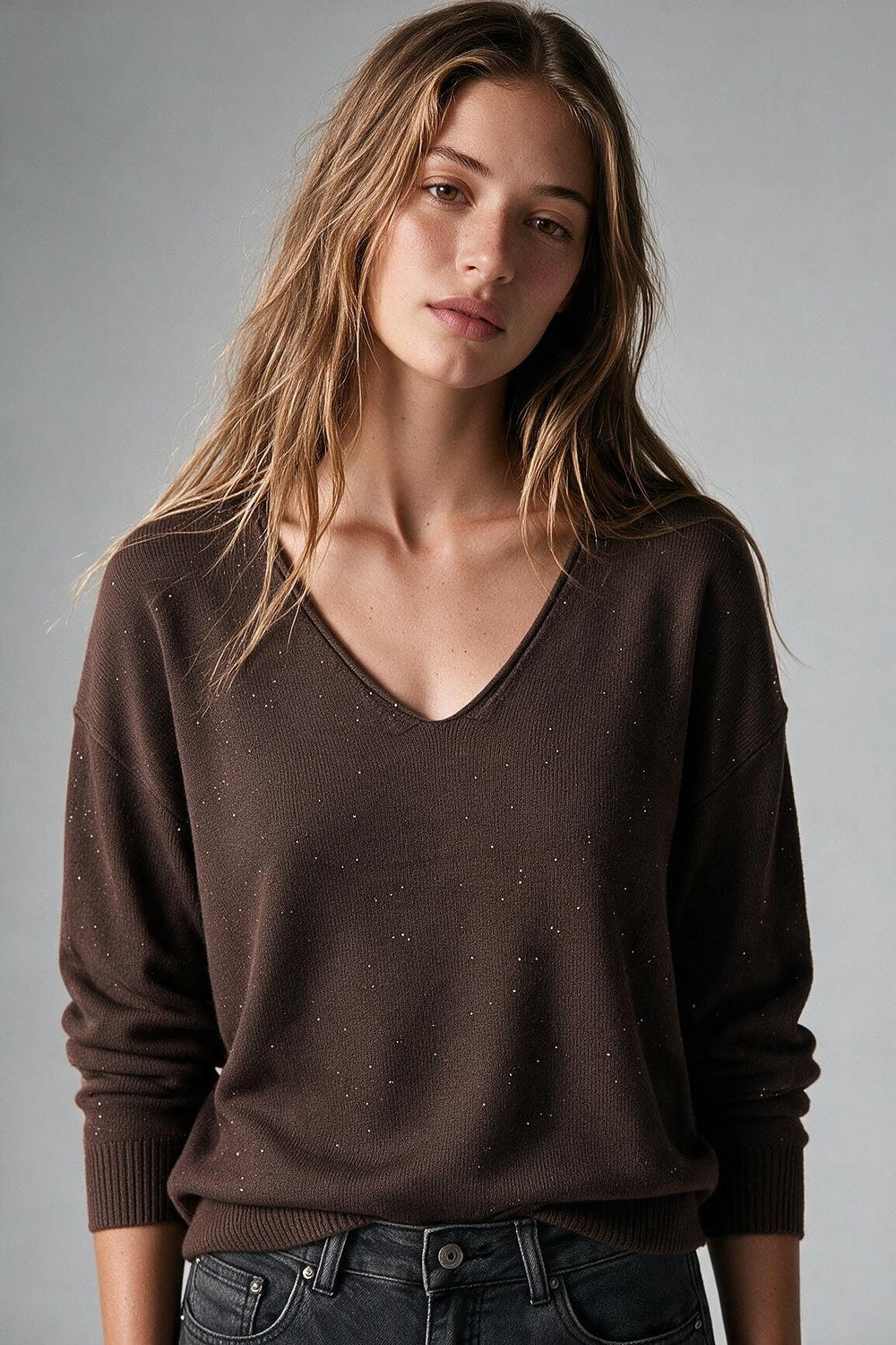 Brown Glitter Soft Knit V Neck Ribbed Trim Sweater with sequins embellished