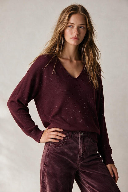 wine Glitter Fine Knit V Neck Ribbed Trim Sweater with sequins embellished