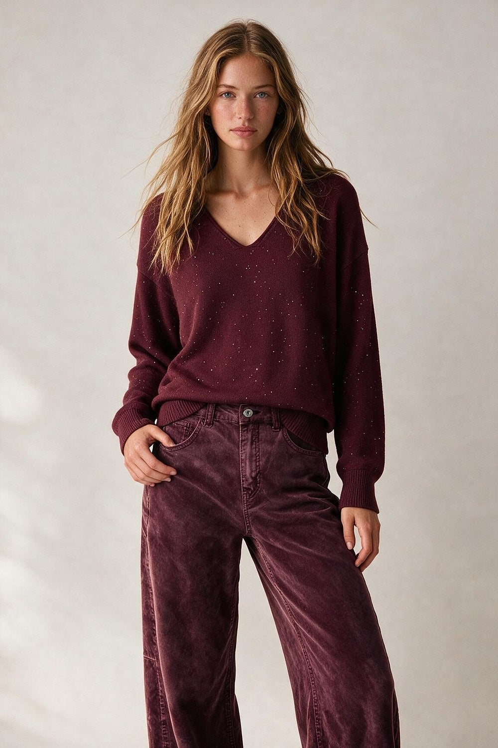wine Glitter Fine Knit V Neck Ribbed Trim Sweater with sequins embellished