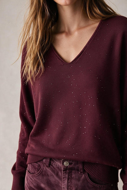 wine Glitter Fine Knit V Neck Ribbed Trim Sweater with sequins embellished