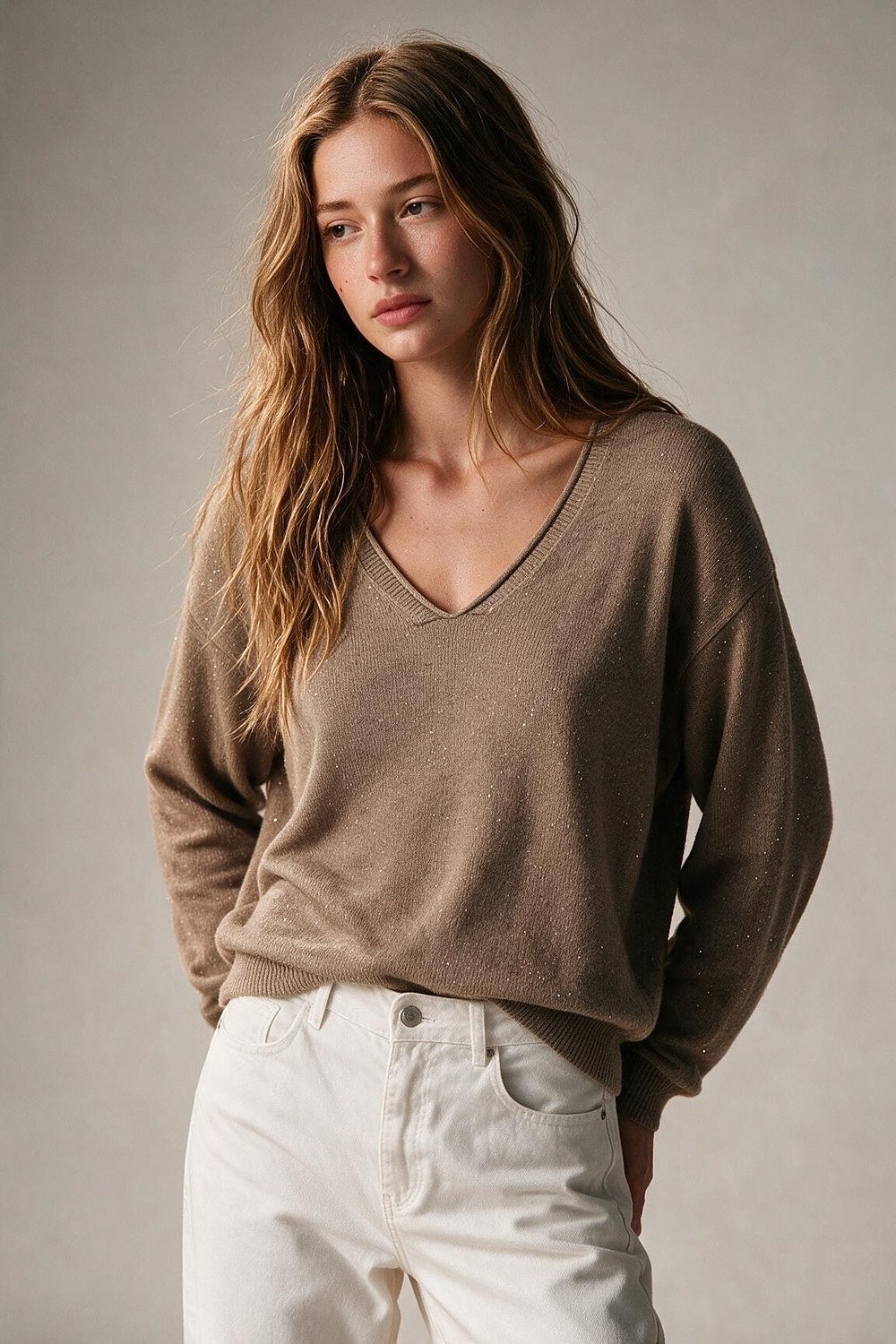 Fango Glitter Fleck Soft Knit V Neck Ribbed Trim Sweater with sequins embellished
