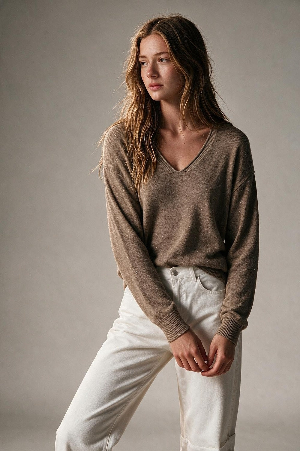 Fango Glitter Fleck Soft Knit V Neck Ribbed Trim Sweater with sequins embellished