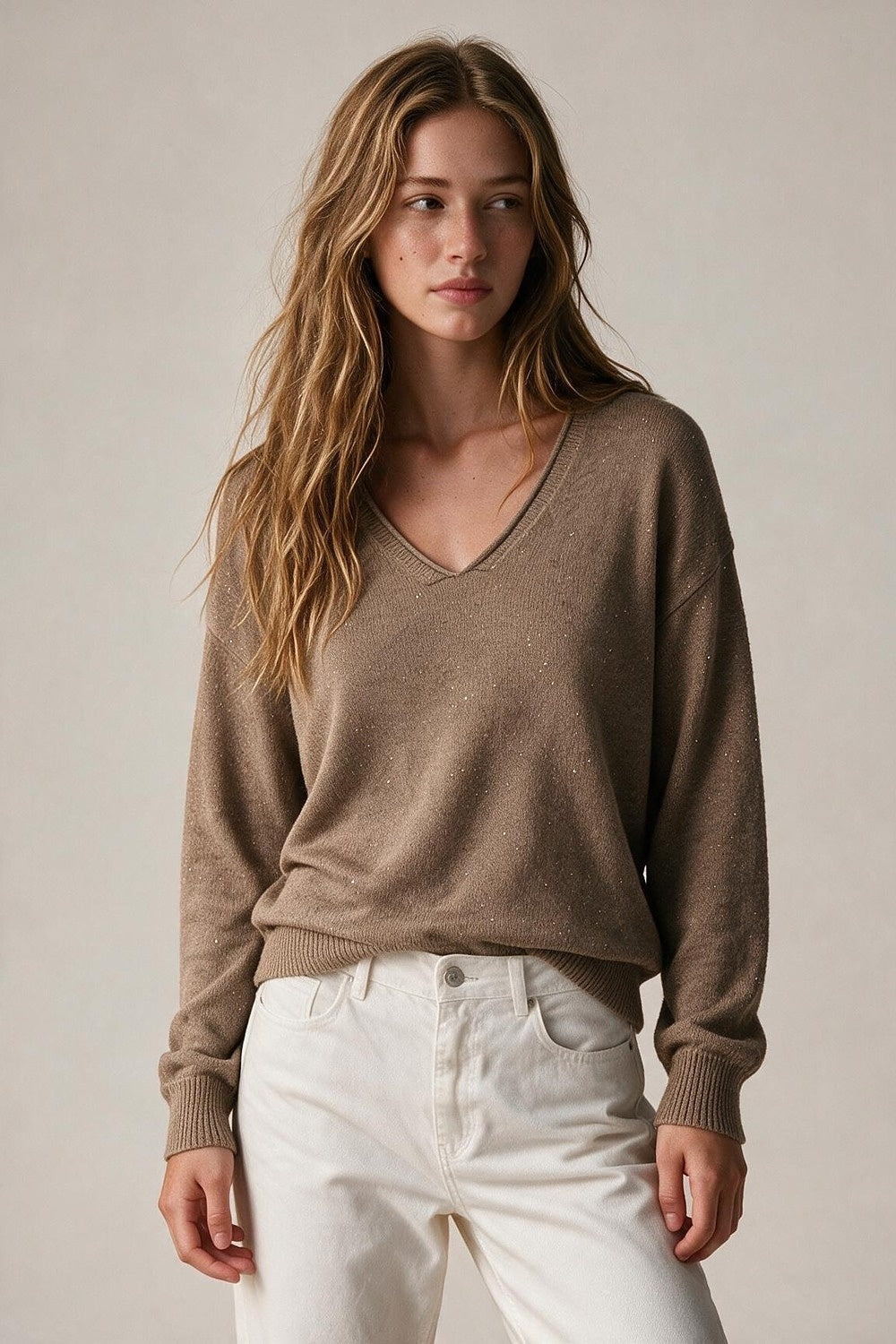 Fango Glitter Fleck Soft Knit V Neck Ribbed Trim Sweater with sequins embellished