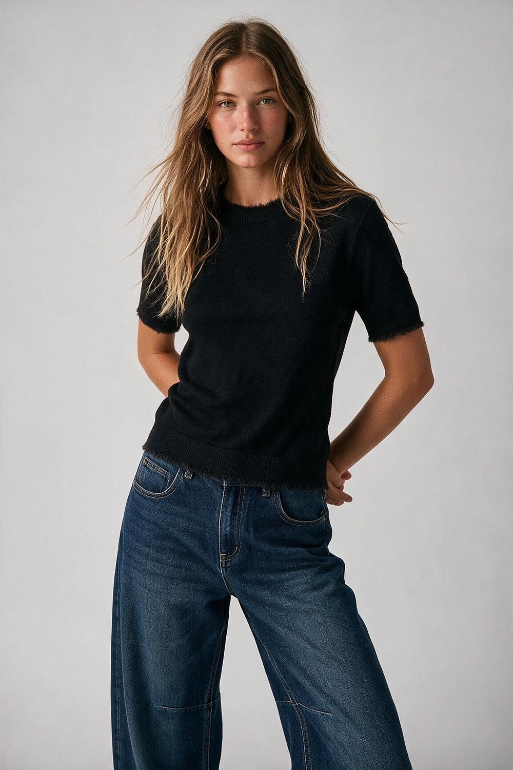 Black Short Sleeve Crew Neck Sweater with Faux Fur Trim