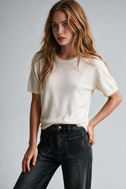 cream Short Sleeve Crew Neck Sweater with Faux Fur Trim