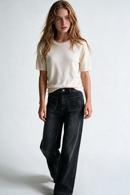 cream Short Sleeve Crew Neck Sweater with Faux Fur Trim