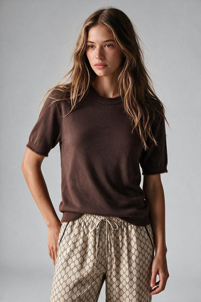 Brown Short Sleeve Crew Neck Sweater with Faux Fur Trim