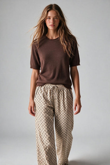 Brown Short Sleeve Crew Neck Sweater with Faux Fur Trim