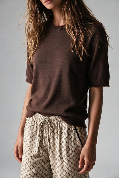 Brown Short Sleeve Crew Neck Sweater with Faux Fur Trim