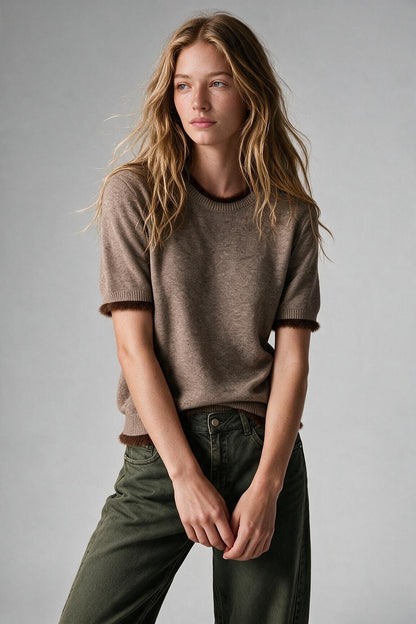 Camel Short Sleeve Crew Neck Sweater with Faux Fur Trim