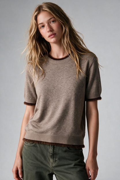 Camel Short Sleeve Crew Neck Sweater with Faux Fur Trim