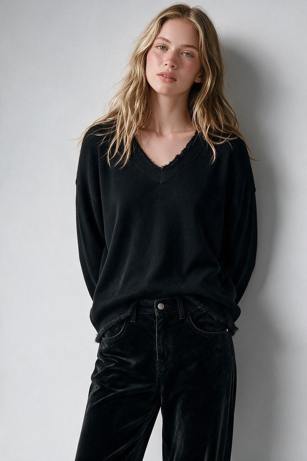 Black V-Neck Sweater with Faux Fur Trim