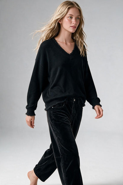 Black V-Neck Sweater with Faux Fur Trim