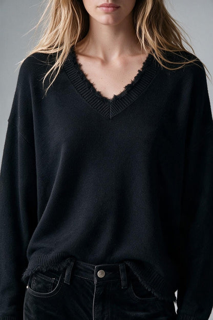 Black V-Neck Sweater with Faux Fur Trim