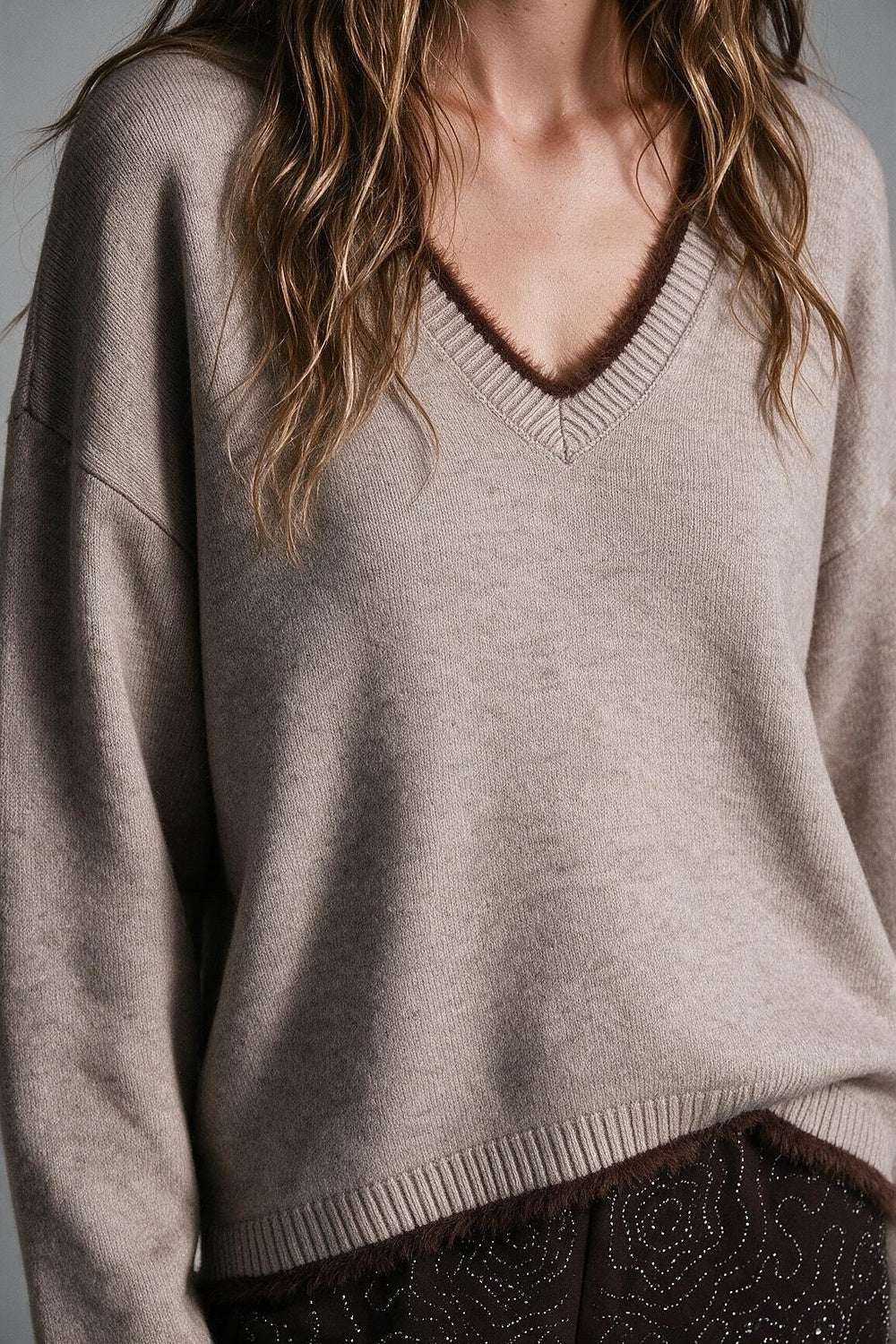 Camel V-Neck Sweater with Faux Fur Trim
