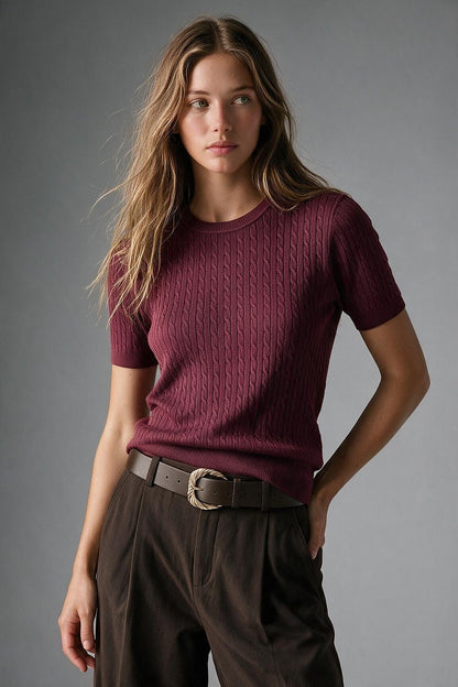 wine Cable Knit Crew Neck Short Sleeve Sweater