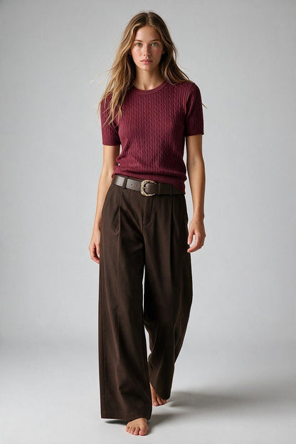 wine Cable Knit Crew Neck Short Sleeve Sweater