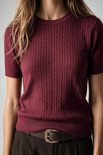 wine Cable Knit Crew Neck Short Sleeve Sweater