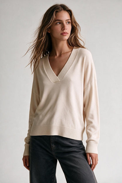 Beige Soft Knit Wide V Neck Rib Trim Relaxed Sweater