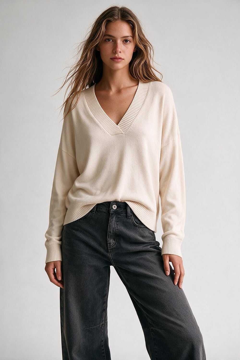 Beige Soft Knit Wide V Neck Rib Trim Relaxed Sweater