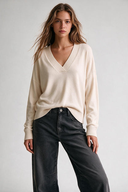 Beige Soft Knit Wide V Neck Rib Trim Relaxed Sweater
