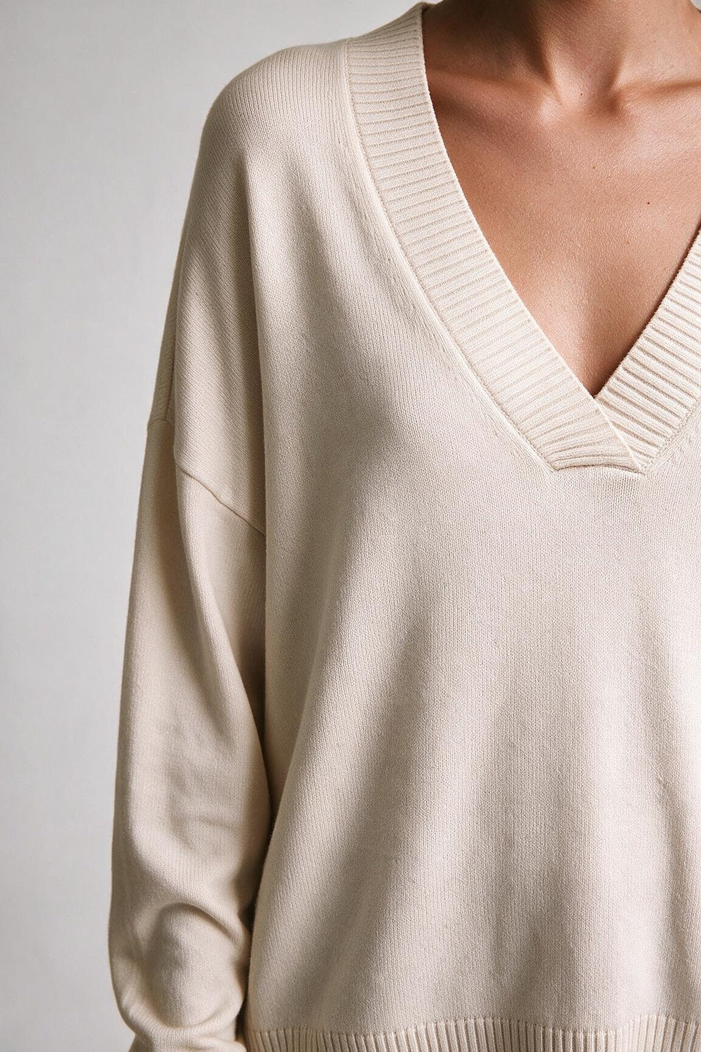 Beige Soft Knit Wide V Neck Rib Trim Relaxed Sweater