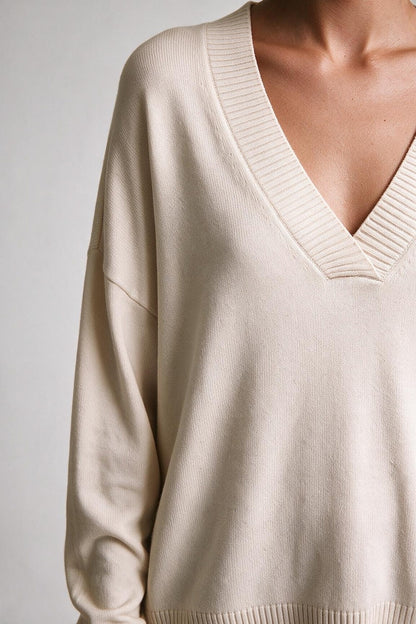 Beige Soft Knit Wide V Neck Rib Trim Relaxed Sweater