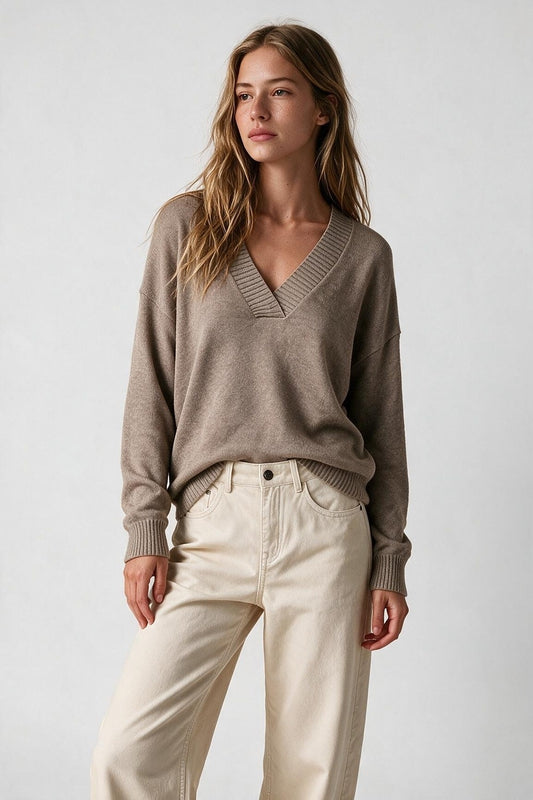 Camel Warm Knit Wide V-Neck Jumper
