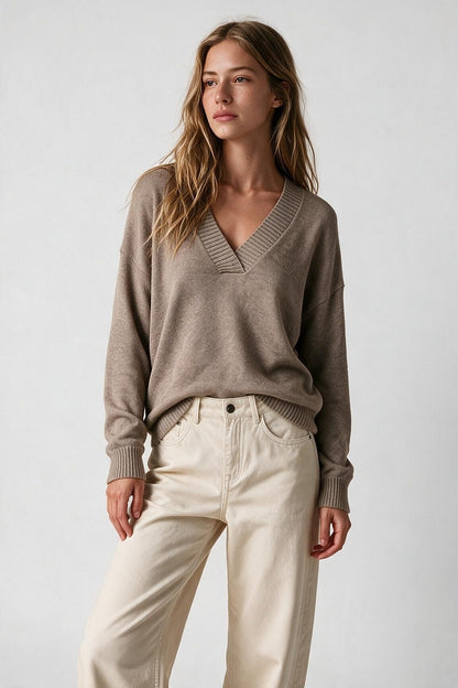 Camel Warm Knit Wide V-Neck Jumper