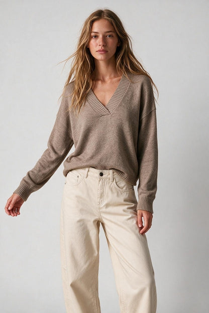 Camel Warm Knit Wide V-Neck Jumper