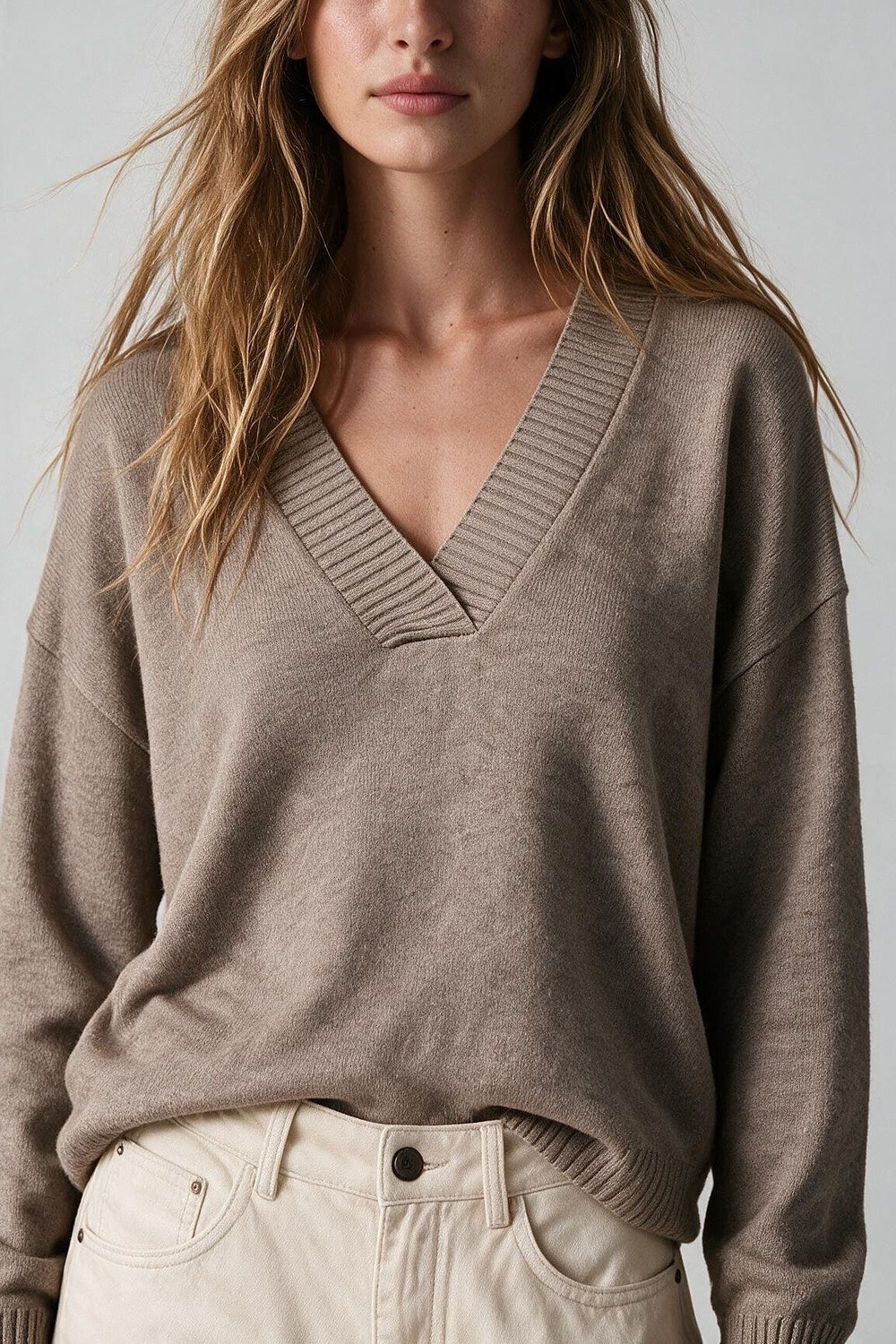Camel Warm Knit Wide V-Neck Jumper