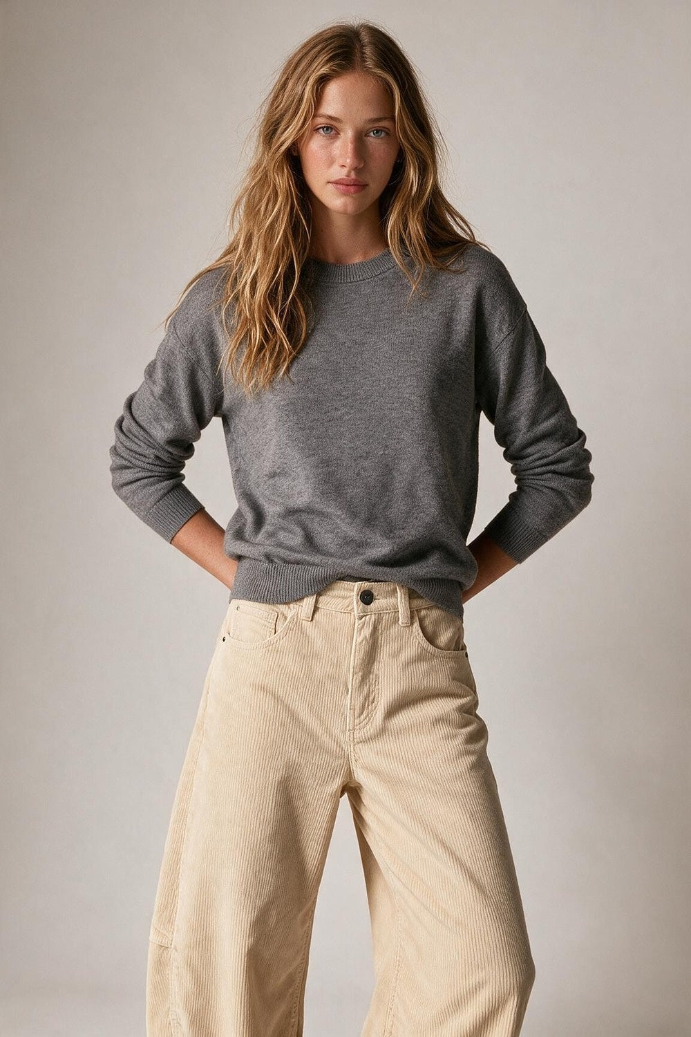 grey Merino Wool Blend Fine Knit Crew Neck Sweater