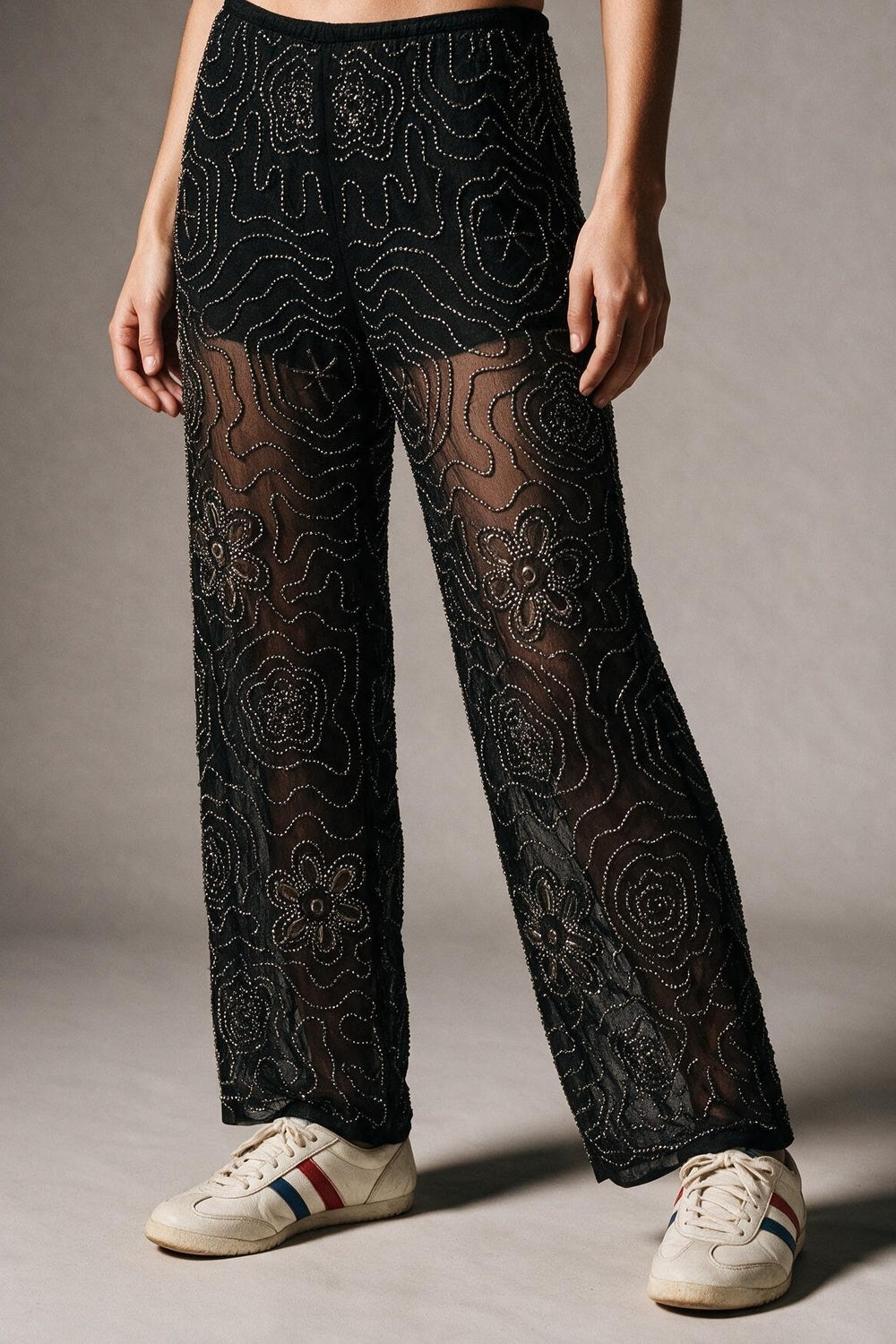 Black Floral Beaded Sheer Mesh Wide Leg Pants and sequins