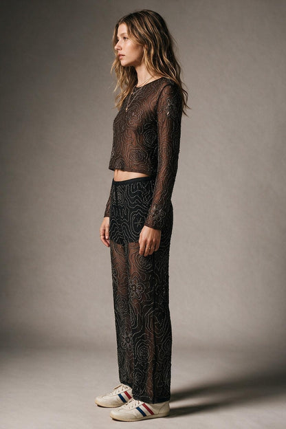 Black Floral Beaded Sheer Mesh Wide Leg Pants and sequins