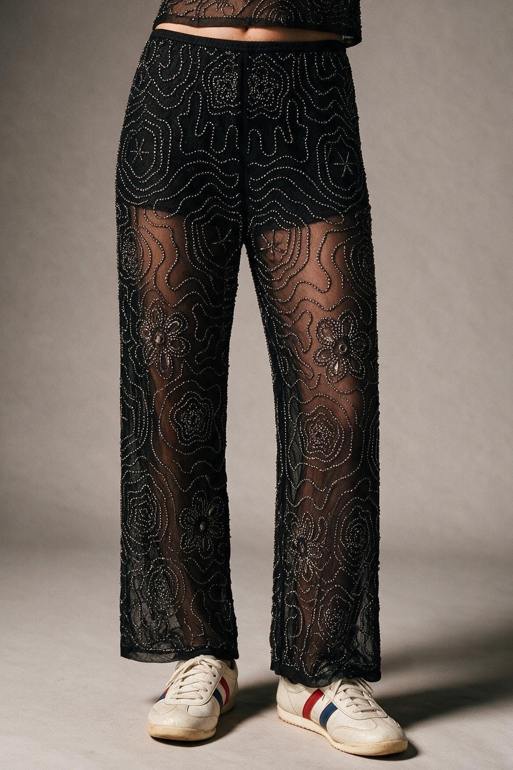 Black Floral Beaded Sheer Mesh Wide Leg Pants and sequins