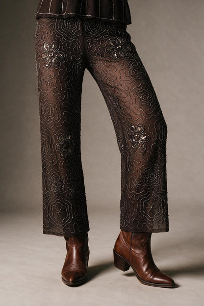 Brown Sequined Beaded Floral Woven Wide Leg Pants