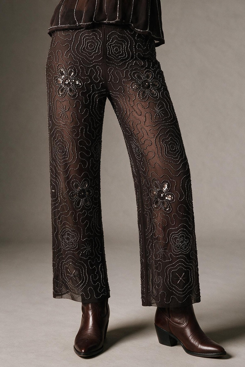 Brown Sequined Beaded Floral Woven Wide Leg Pants