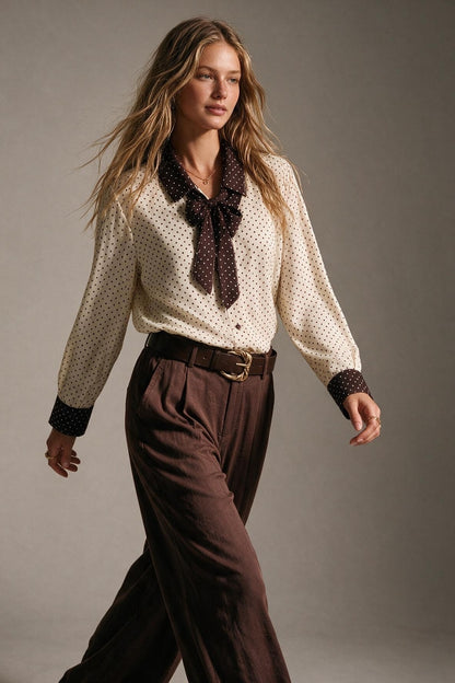 Cream Polka-Dot Print Long Sleeve Blouse with burgundy Contrast Bow Tie