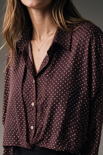 Burgundy Polka-Dot satin Cropped Button Up Shirt