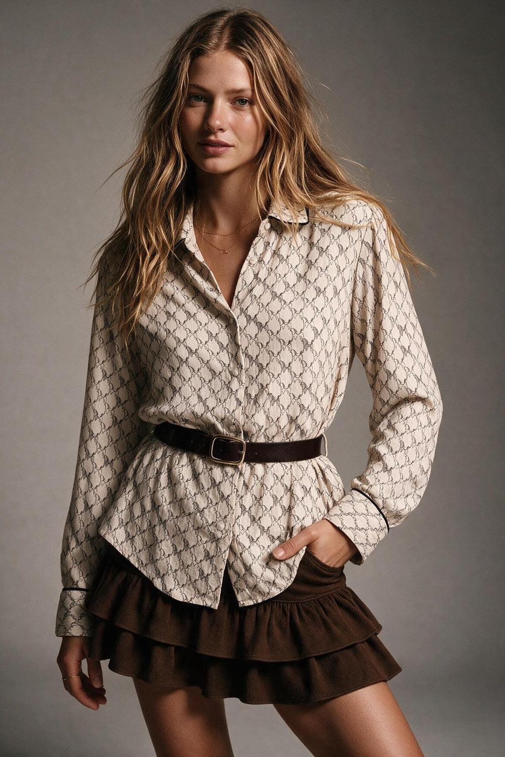 Cream Horse Print Lightweight Woven Piped Belted Shirt