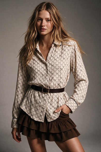 Cream Horse Print Lightweight Woven Piped Belted Shirt