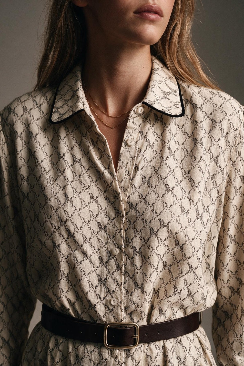 Cream Horse Print Lightweight Woven Piped Belted Shirt