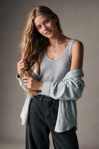 Light Blue Sequined knitted Crochet V Neck Cropped Tank Top