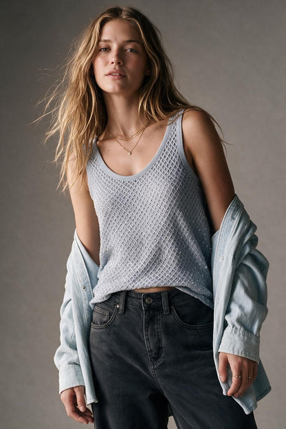 Light Blue Sequined knitted Crochet V Neck Cropped Tank Top
