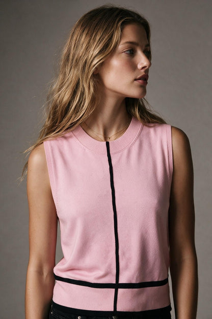 Light Pink Fine Knit Contrast Seam Sleeveless Vest with round neck