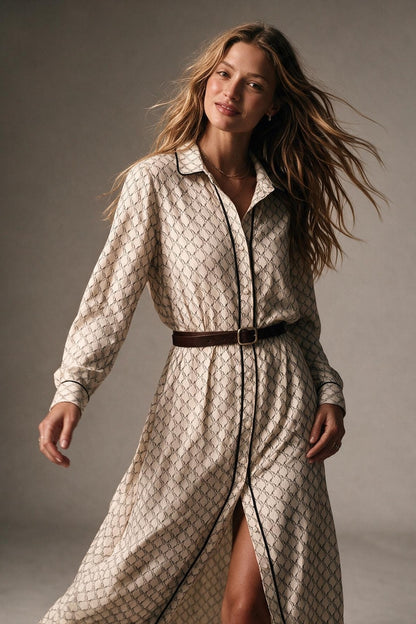 Cream Horses Printed Woven Piped Belted Maxi Shirt Dress