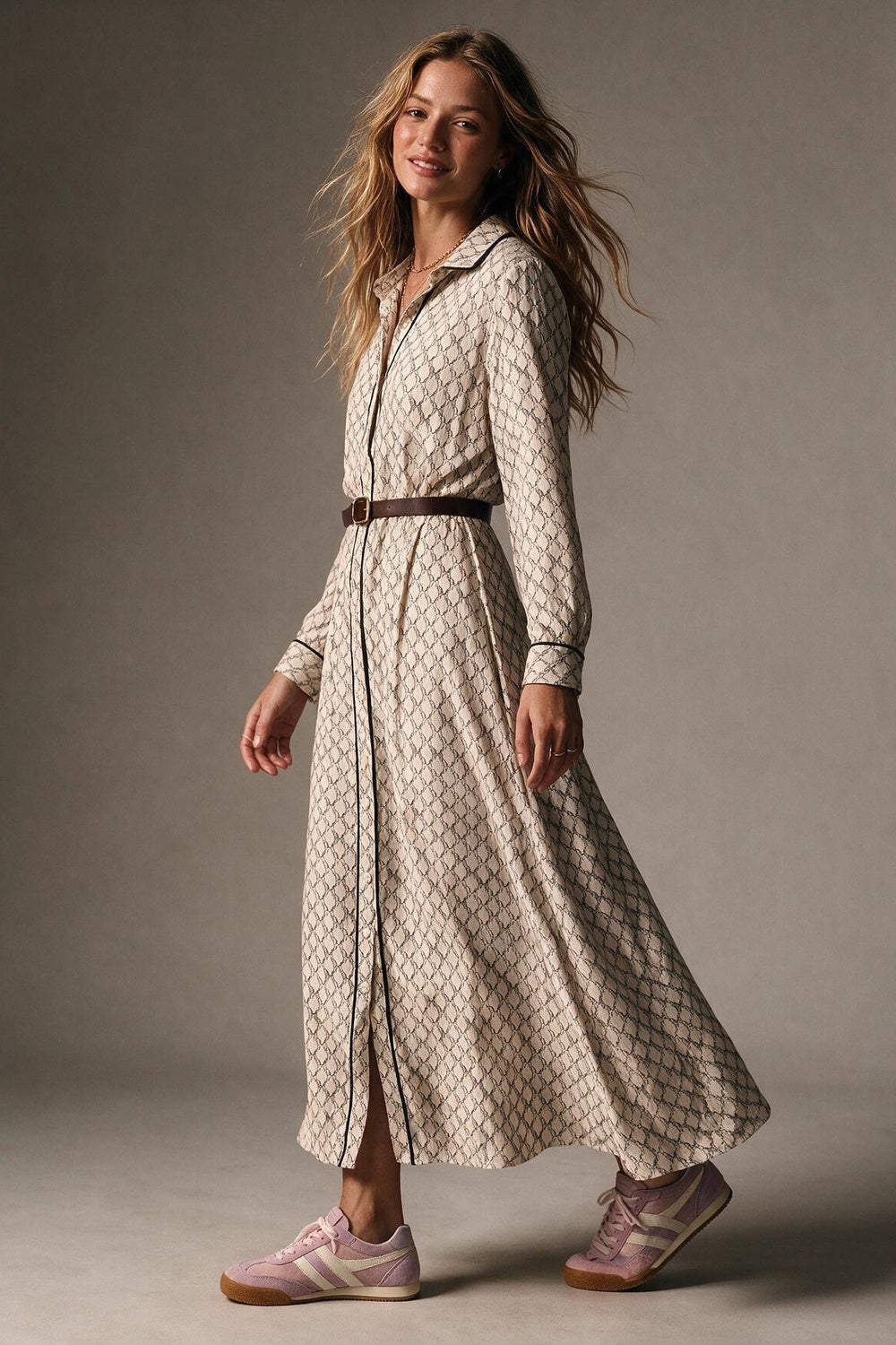 Cream Horses Printed Woven Piped Belted Maxi Shirt Dress