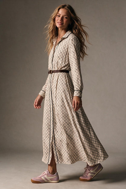 Cream Horses Printed Woven Piped Belted Maxi Shirt Dress